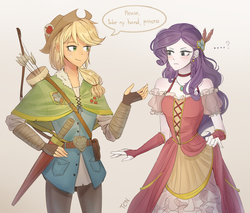 Size: 2080x1771 | Tagged: safe, artist:tcn1205, applejack, rarity, human, equestria girls, g4, ..., alternate universe, arrow, blushing, bow (weapon), bow and arrow, clothes, cute, dress, female, humanized, jackabetes, lesbian, pony coloring, raribetes, ship:rarijack, shipping, simple background, smiling, sword, weapon