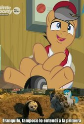 Size: 546x802 | Tagged: safe, edit, edited screencap, screencap, quibble pants, earth pony, pony, common ground, g4, cropped, male, meme, spanish, stallion, translated in the comments