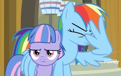 Size: 1442x904 | Tagged: safe, screencap, rainbow dash, wind sprint, pegasus, pony, common ground, g4, auntie dashie, cropped, discovery family logo, duo, eyes closed, facewing, female, filly, foal, hug, mare, unimpressed, winghug