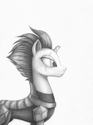 Size: 4906x6545 | Tagged: safe, artist:happyhomeless, tempest shadow, pony, unicorn, g4, armor, broken horn, eye scar, female, grayscale, horn, mare, monochrome, scar, side view, simple background, solo, traditional art, white background