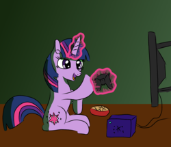 Size: 2684x2312 | Tagged: safe, artist:platinumdrop, twilight sparkle, pony, unicorn, g4, bowl, chips, controller, female, food, game console, gamecube, gamer twi, glowing horn, high res, horn, magic, nachos, request, sitting, smiling, solo, telekinesis, television, unicorn twilight