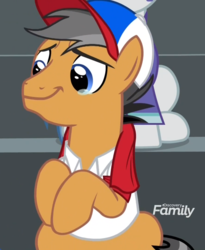 Size: 883x1079 | Tagged: safe, screencap, quibble pants, earth pony, pony, common ground, g4, baseball cap, cap, clothes, crying, discovery family logo, hat, liquid pride, male, scarf, shirt, solo focus, stallion, tears of joy