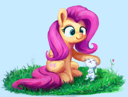 Size: 3275x2480 | Tagged: safe, artist:aemuhn, angel bunny, fluttershy, pegasus, pony, rabbit, g4, blue background, duo, female, folded wings, grass, high res, looking at something, looking down, mare, outdoors, petting, simple background, sitting, smiling, wings