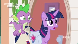 Size: 1920x1080 | Tagged: safe, screencap, spike, twilight sparkle, alicorn, dragon, pony, g4, the point of no return, bag, saddle bag, twilight sparkle (alicorn), winged spike, wings