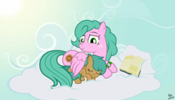 Size: 1024x586 | Tagged: safe, artist:filipinoninja95, oc, oc only, oc:sabrosa, oc:spur bevel, pegasus, pony, book, cloud, compass, cute, female, filly, freckles, mother and daughter, sky, sleeping, sun, watch, wing blanket
