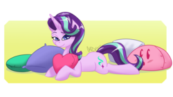 Size: 1192x670 | Tagged: safe, artist:cadetredshirt, starlight glimmer, pony, unicorn, g4, colored pupils, cute, female, glimmerbetes, gradient background, heart, heart eyes, heart pillow, looking at you, lying down, pillow, prone, simple background, simple shading, smiling, solo, wingding eyes