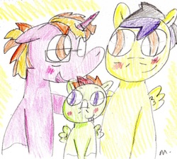 Size: 1298x1164 | Tagged: safe, artist:ptitemouette, oc, oc only, oc:guacamole, oc:hurricane salsa, oc:summer solstice, pony, father and son, glasses, like father like son, like parent like child, male, oc x oc, offspring's offspring, parent:oc:sunny jewel, parents:oc x oc, shipping, traditional art