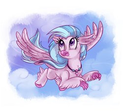 Size: 3300x3000 | Tagged: safe, artist:whitediamonds, silverstream, classical hippogriff, hippogriff, g4, colored hooves, cute, diastreamies, female, flying, high res, jewelry, looking away, looking up, necklace, sky, solo, spread wings, wings