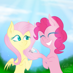 Size: 1100x1100 | Tagged: safe, artist:goddess-lidark, fluttershy, pinkie pie, butterfly, earth pony, pegasus, pony, g4, bust, crepuscular rays, duo, eyes closed, female, hoof hold, mare, outdoors, smiling, wings