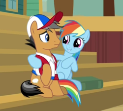 Size: 704x633 | Tagged: safe, screencap, quibble pants, rainbow dash, earth pony, pegasus, pony, common ground, g4, baseball cap, book, cap, clothes, cropped, duo, female, hat, male, mare, shirt, sitting, stairs, stallion