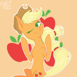 Size: 1100x1100 | Tagged: safe, artist:goddess-lidark, applejack, earth pony, pony, g4, applejack's hat, cowboy hat, cutie mark background, female, hat, head tilt, looking at you, mare, one eye closed, outline, simple background, sitting, smiling, solo, white outline, wink