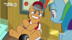 Size: 1920x1080 | Tagged: safe, screencap, quibble pants, rainbow dash, earth pony, pegasus, pony, common ground, g4, buckball, buckball museum, faic, female, male, mare, on back, out of context, sheepish grin, stallion, stuck
