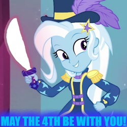 Size: 1077x1078 | Tagged: safe, edit, trixie, equestria girls, equestria girls series, g4, street magic with trixie, spoiler:eqg series (season 2), lightsaber, may the fourth be with you, meme, star wars, weapon