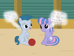 Size: 1600x1200 | Tagged: safe, artist:mightyshockwave, derpibooru exclusive, little league, wind sprint, earth pony, pegasus, pony, common ground, g4, adorable face, ball, buckball, captiwinding, colt, crush, cute, cuteness overload, female, filly, foal, freckles, heart eyes, hnnng, littlesprint, male, shipping, sitting, speech bubble, sprintabetes, that was fast, wingding eyes
