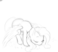 Size: 2953x2640 | Tagged: safe, artist:aer0 zer0, fluttershy, pegasus, pony, g4, cute, eyes closed, female, grayscale, grazing, herbivore, high res, horses doing horse things, mare, monochrome, shyabetes, simple background, spread wings, white background, wings