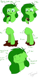 Size: 3000x6000 | Tagged: safe, artist:fajnyziomal, oc, oc only, oc:świstek, plant pony, pony, comic:świstek, absorption, cheek fluff, chest fluff, coffee, comic, curly eyelashes, ear fluff, hot, pain, pouring, puddle, solo, tired