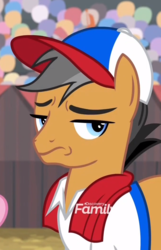 Size: 678x1052 | Tagged: safe, screencap, quibble pants, earth pony, pony, common ground, g4, aside glance, baseball cap, cap, clothes, cropped, hat, male, shirt, solo, stallion