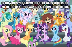 Size: 636x417 | Tagged: safe, edit, edited screencap, screencap, applejack, fluttershy, gallus, huckleberry, november rain, ocellus, pinkie pie, rainbow dash, rarity, sandbar, silverstream, smolder, spike, starlight glimmer, twilight sparkle, yona, alicorn, changedling, changeling, classical hippogriff, dragon, earth pony, griffon, hippogriff, pegasus, pony, unicorn, yak, g4, school daze, bow, caption, cast, cloven hooves, colored hooves, cowboy hat, dragoness, female, friendship student, hair bow, hat, image macro, jewelry, male, mane eight, mane seven, mane six, mare, monkey swings, necklace, op is a duck, reaction image, student six, teenager, text, twilight sparkle (alicorn), wall of tags