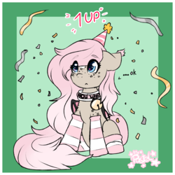 Size: 2000x2000 | Tagged: safe, artist:pastel-pony-princess, oc, oc only, oc:tiramisu, bat pony, pony, 1up, bell, bell collar, birthday, clothes, collar, confetti, confused, heart eyes, high res, sitting, socks, solo, streamers, striped socks, text, wingding eyes