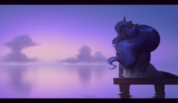 Size: 2236x1299 | Tagged: safe, artist:katputze, princess luna, anthro, g4, clothes, cloud, female, pier, reflection, solo, water