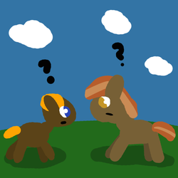 Size: 1000x1000 | Tagged: safe, artist:artdbait, button mash, oc, oc:lil-k, pony, g4, cloud, grass, mistaken identity, question mark, similarities, sky