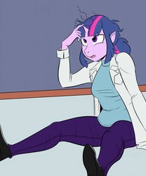 Size: 1066x1280 | Tagged: safe, artist:amaraburrger, part of a set, sci-twi, twilight sparkle, equestria girls, g4, female, growth, horn, horn growth, human to anthro, looking at horn, mid-transformation, open mouth, solo, story included, touching horn, transformation