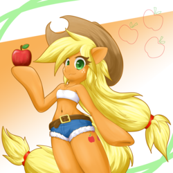 Size: 2000x2000 | Tagged: safe, artist:ragurimo, applejack, earth pony, semi-anthro, g4, apple, applejack's cutie mark, arm hooves, bare shoulders, belly button, clothes, colored pupils, cute, cutie mark, female, food, high res, jackabetes, shorts, solo, tube top