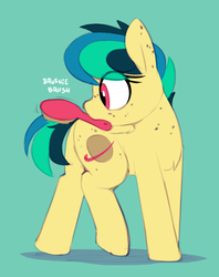 Size: 659x831 | Tagged: safe, artist:shinodage, oc, oc only, oc:apogee, pegasus, pony, g4, body freckles, brush, brushie, brushie brushie, cute, diageetes, ear freckles, eye clipping through hair, female, filly, foal, freckles, mouth hold, ocbetes, simple background, solo, teal background