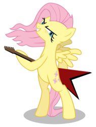 Size: 5700x7500 | Tagged: safe, artist:igokapichka, fluttershy, pegasus, pony, g4, absurd resolution, badass, bipedal, electric guitar, female, guitar, hoof hold, mare, messy mane, metal, metalshy, musical instrument, simple background, smiling, smirk, solo, transparent background, vector, wide eyes, windswept mane, wings