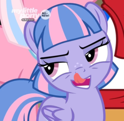 Size: 735x720 | Tagged: safe, edit, edited screencap, screencap, clear sky, quibble pants, wind sprint, pegasus, pony, common ground, g4, bueno, cursed image, female, filly, foal, inverted mouth, solo focus, tongue out, what has science done