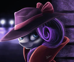 Size: 1024x855 | Tagged: safe, artist:bakud, rarity, pony, g4, bust, clothes, detective rarity, female, hat, looking at you, mare, portrait, signature, solo, wall