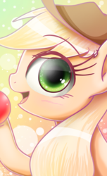 Size: 1440x2368 | Tagged: safe, artist:phoenixrk49, applejack, earth pony, pony, g4, apple, blushing, bust, cute, eye clipping through hair, female, food, gradient background, jackabetes, open mouth, portrait, profile, solo