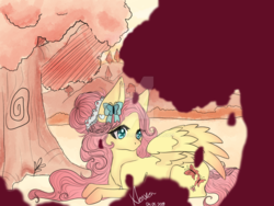 Size: 1280x960 | Tagged: safe, artist:xenxen-s2, fluttershy, butterfly, pegasus, pony, g4, alternate hairstyle, cute, deviantart watermark, female, forest, hair accessory, mare, obtrusive watermark, prone, shyabetes, solo, tree, watermark