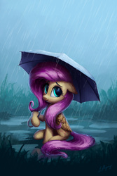 Size: 1000x1500 | Tagged: safe, artist:lollipony, fluttershy, pegasus, pony, g4, cute, female, mare, puddle, rain, shyabetes, sitting, smiling, solo, umbrella, water