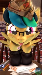 Size: 720x1280 | Tagged: safe, artist:garbearsfm, oc, oc only, oc:apogee, pegasus, pony, 3d, :p, chair, clothes, cute, diageetes, glasses, hat, heart, looking at you, ocbetes, paper hat, pencil, scissors, solo, source filmmaker, sweater, tongue out