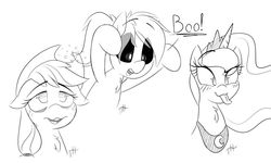 Size: 1280x767 | Tagged: safe, artist:fakskis, applejack, princess luna, oc, oc:wisp, alicorn, earth pony, pony, g4, black and white, chest fluff, derp, floating, floppy ears, grayscale, hat, horn, jewelry, mlem, monochrome, silly, spooky, squeans, tiara, tired, tongue out