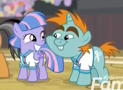 Size: 401x293 | Tagged: safe, screencap, quibble pants, snips, wind sprint, pegasus, pony, unicorn, common ground, g4, bucktooth, clothes, colt, cropped, cute, discovery family logo, duo focus, eye contact, female, filly, foal, grin, jersey, looking at each other, looking back, male, ponies standing next to each other, shipping fuel, shirt, smiling, squee
