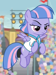 Size: 555x751 | Tagged: safe, screencap, wind sprint, pegasus, pony, common ground, g4, angry, clothes, cropped, female, filly, flying, foal, frown, jersey, lidded eyes, solo, unimpressed, wind sprint is not amused