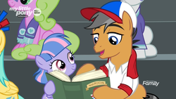 Size: 1920x1080 | Tagged: safe, screencap, daisy, flower wishes, quibble pants, sunshower raindrops, wind sprint, earth pony, pegasus, pony, unicorn, common ground, g4, baseball cap, bleachers, bonding, book, cap, clothes, discovery family logo, duo focus, female, filly, hat, male, reading, shirt, stallion