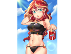 Size: 793x596 | Tagged: safe, artist:tzc, edit, sunset shimmer, equestria girls, g4, anime, belly button, breasts, busty sunset shimmer, clothes, female, midriff, soda, solo, sprite cranberry, summer sunset, swimsuit