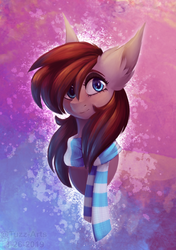 Size: 1369x1948 | Tagged: safe, artist:tuzz-arts, oc, oc only, oc:ponepony, pony, abstract background, big ears, bust, clothes, ear fluff, female, hair over one eye, looking at you, mare, scarf, solo
