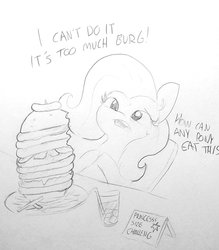Size: 1379x1571 | Tagged: safe, artist:tjpones, fluttershy, pegasus, pony, g4, burger, dialogue, drink, drinking straw, ear fluff, eating contest, female, food, glass, grayscale, ice cube, large amount of burg, lineart, mare, monochrome, open mouth, overeating, simple background, sitting, solo, traditional art