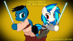 Size: 3840x2160 | Tagged: safe, artist:agkandphotomaker2000, dj pon-3, vinyl scratch, oc, oc:pony video maker, pegasus, pony, unicorn, g4, bipedal, canon x oc, duo, female, high res, jedi, lightsaber, male, may the fourth be with you, star wars, videoscratch, weapon, wrong eye color