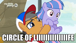 Size: 1920x1080 | Tagged: safe, edit, edited screencap, screencap, quibble pants, wind sprint, earth pony, pegasus, pony, common ground, g4, baseball cap, blank stare, cap, circle of life, clothes, da fuq, discovery family logo, disney, female, filly, funny, hat, holding a pony, male, meme, movie reference, shirt, stallion, the lion king, wide eyes