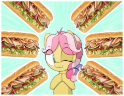 Size: 1628x1254 | Tagged: safe, artist:lyrabop, kettle corn, earth pony, pony, g4, cute, eye clipping through hair, female, filly, food, no pupils, one eye closed, sandwich, solo, wink