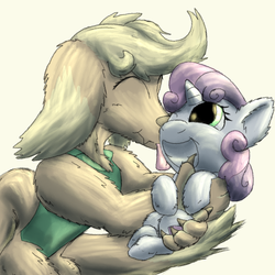 Size: 1584x1584 | Tagged: safe, artist:firefanatic, sweetie belle, oc, diamond dog, pony, g4, clothes, cute, diamond dog oc, face licking, fluffy, holding a pony, licking, smiling, tongue out, vest