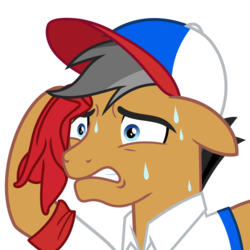 Size: 1500x1500 | Tagged: safe, artist:cheezedoodle96, quibble pants, earth pony, pony, common ground, g4, .svg available, baseball cap, cap, clothes, floppy ears, grimace, gritted teeth, hat, male, meme, nervous, reaction image, shirt, simple background, solo, stallion, svg, sweat, sweating towel guy, towel, transparent background, vector