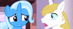 Size: 1736x690 | Tagged: safe, edit, prince blueblood, trixie, pony, g4, female, male, ship:bluetrix, shipping, shipping domino, straight, surprised blueblood