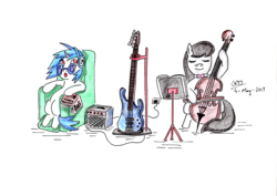Size: 3500x2477 | Tagged: safe, artist:gafelpoez, dj pon-3, octavia melody, vinyl scratch, earth pony, pony, unicorn, g4, alejo carpentier, bass guitar, book, contrabass, couch, double bass, high res, musical instrument, reading