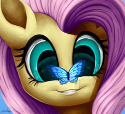 Size: 5500x5000 | Tagged: safe, artist:lavenderheartsmlp, fluttershy, butterfly, pony, g4, absurd resolution, bust, butterfly on nose, close-up, cute, female, insect on nose, portrait, shyabetes, signature, solo